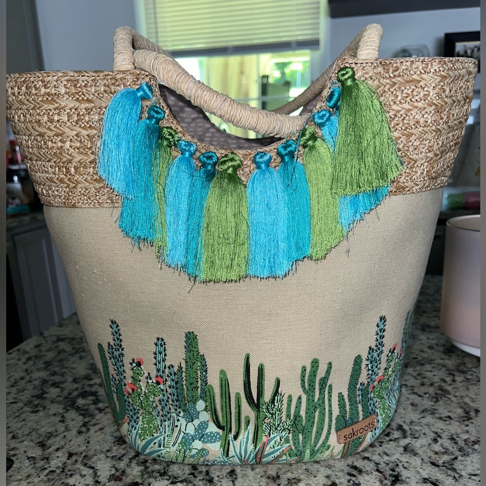Sakroots Tan Tote with Green and Blue Tassels